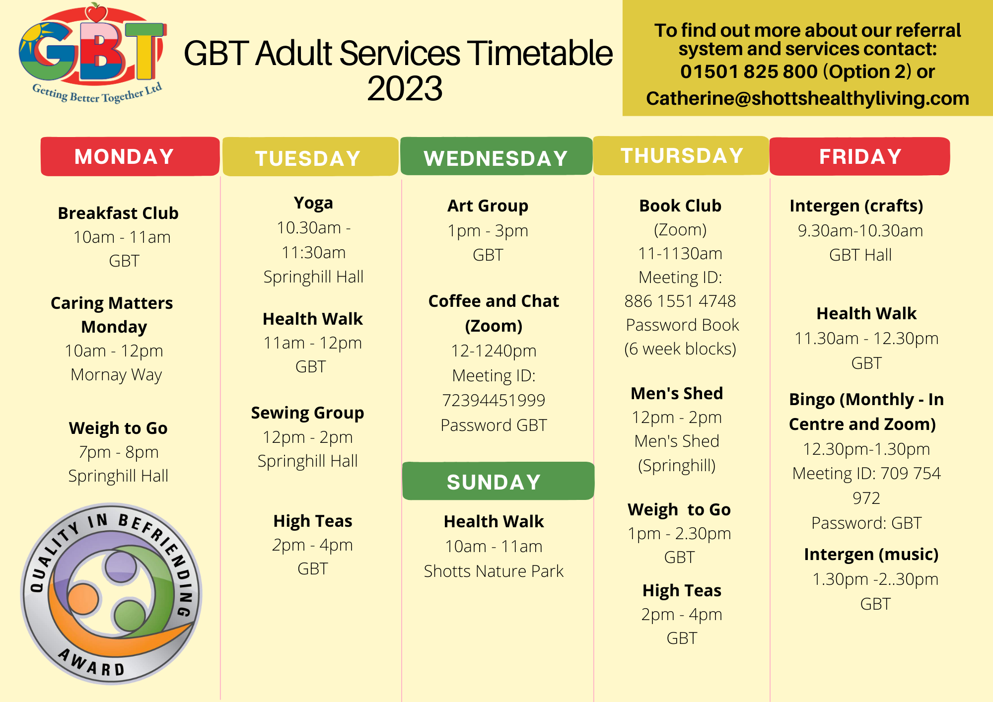 Adult Team Timetable